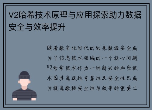 V2哈希技术原理与应用探索助力数据安全与效率提升