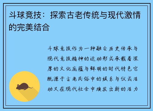 斗球竞技：探索古老传统与现代激情的完美结合